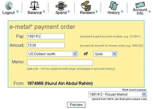 Sending on e-gold in 2005