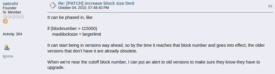 Mensagem de Satoshi Nakamoto descrevendo um aumento no limite de tamanho do bloco em 2010
