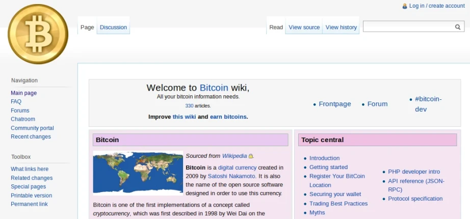 Captura de tela da wiki Bitcoin.it em 21 de maio de 2011